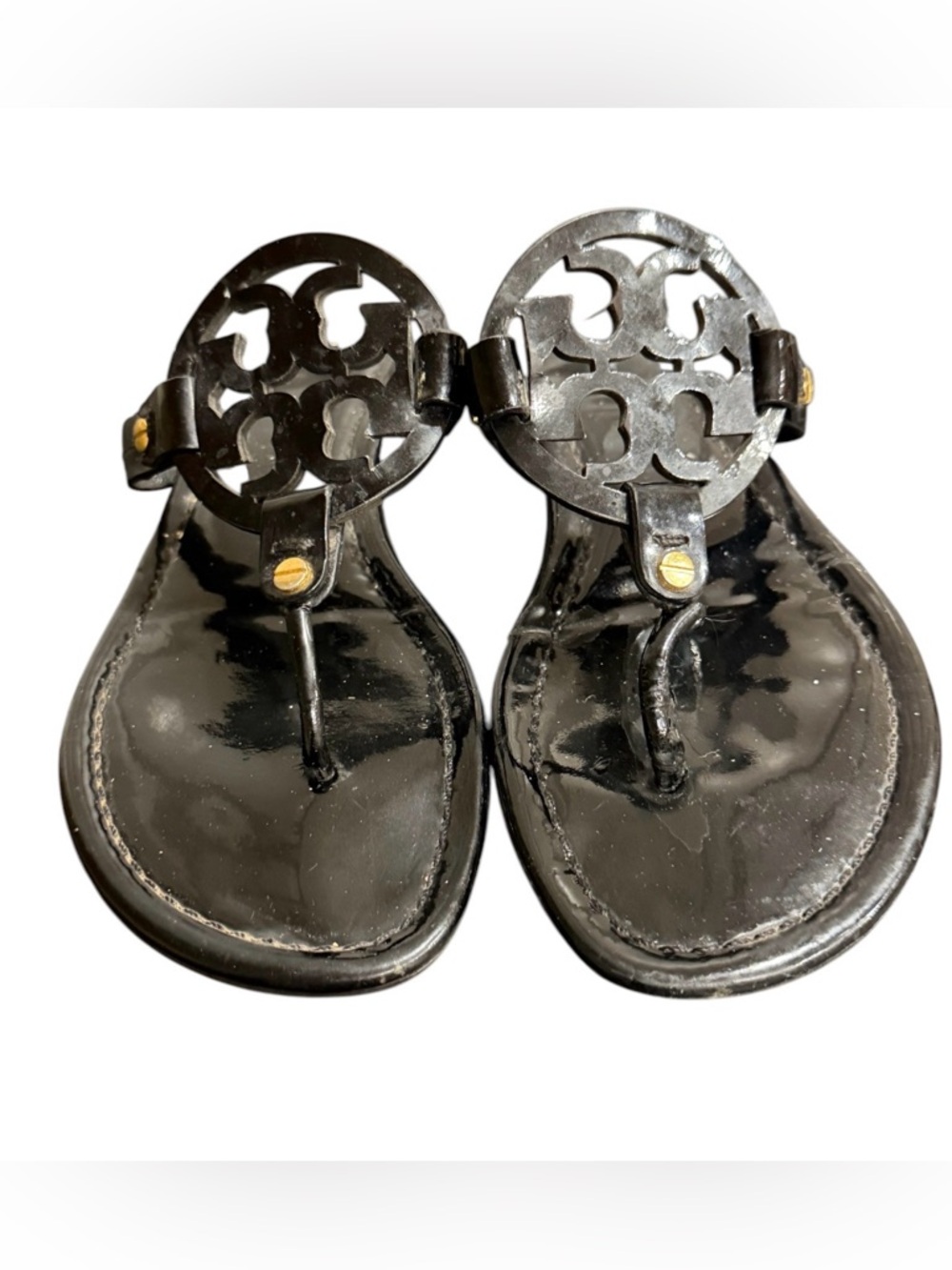 Tory Burch Black Patent Logo Thong Sandals with Gold Accents size 8
